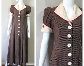 1940s Dress Brown Polka Dot Button Down Cotton Day Maxi Dress Cuffed Poof Sleeves // Modern 2 4 xs Small