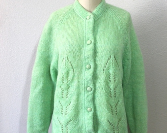 Vintage 1950s 60s Light Green Mohair Cardigan Sweater British Crown Colony Hong Kong // Modern Size US 4 6 8 10 Small Med