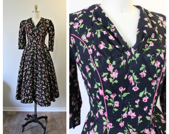 1940s Dress | Vintage 40s Flannel One of a Kind Black Pink Rose Dress Fit & Flare  // Modern Size US 0 2 4 xs Small