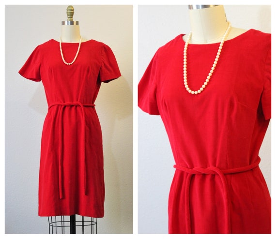 Vintage 1960s 60s True Red Velvet Belted Sheath D… - image 1