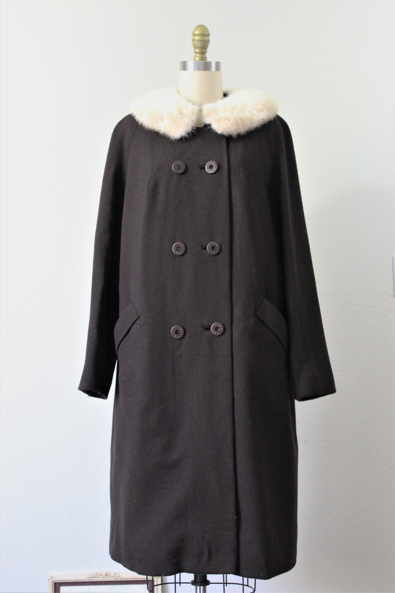 Vintage 50's 1960s SHAGMOOR Dark Chocolate Brown Wool Coat with Cream Real Mink Fur Collar // US 8 10 12 M L image 2