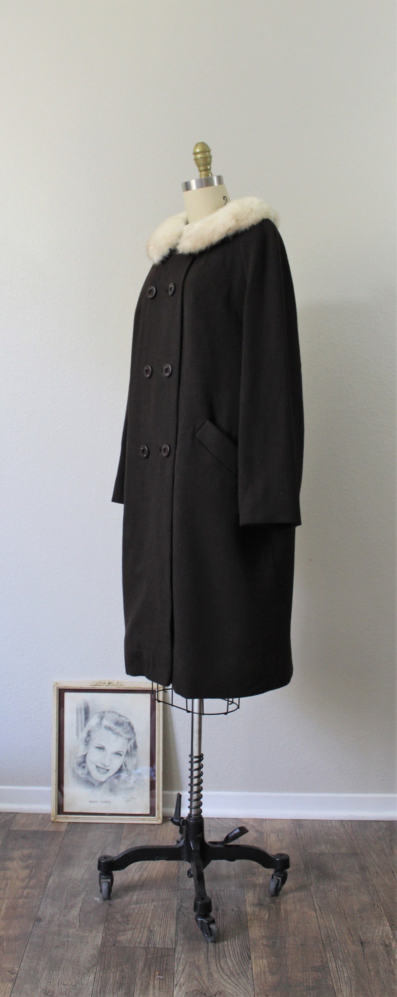 Vintage 50's 1960s SHAGMOOR Dark Chocolate Brown Wool Coat with Cream Real Mink Fur Collar // US 8 10 12 M L image 5