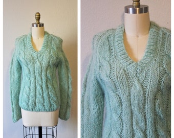 Vintage 1950s 60s aqua Blue Mohair wool cable knit Sweater jumper pin up // Hand Knit in Italy // US S M L