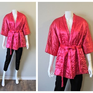 Vintage 50s 60s Rhapsody Hot pink Black Hollywood Pajama Quilted kimono Robe Lounge Set // Modern Size US 0 2 4 xs Small image 1