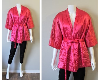 Vintage 50s 60s Rhapsody Hot pink Black Hollywood Pajama Quilted kimono Robe Lounge Set // Modern Size US 0 2 4  xs Small