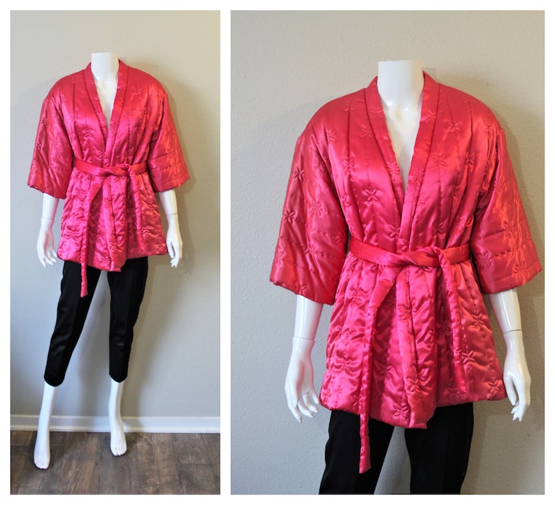 Vintage 50s 60s Rhapsody Hot pink Black Hollywood Pajama Quilted kimono Robe Lounge Set // Modern Size US 0 2 4 xs Small image 1