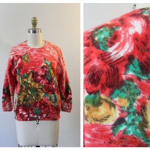 Vintage Darlene Minklam Angelon red floral Abstract Sweater cardigan angora lambswool // Modern Size US 6 8 Small Med image 1