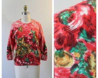 Vintage Darlene Minklam Angelon red floral Abstract Sweater cardigan angora lambswool // Modern Size US 6 8 Small Med