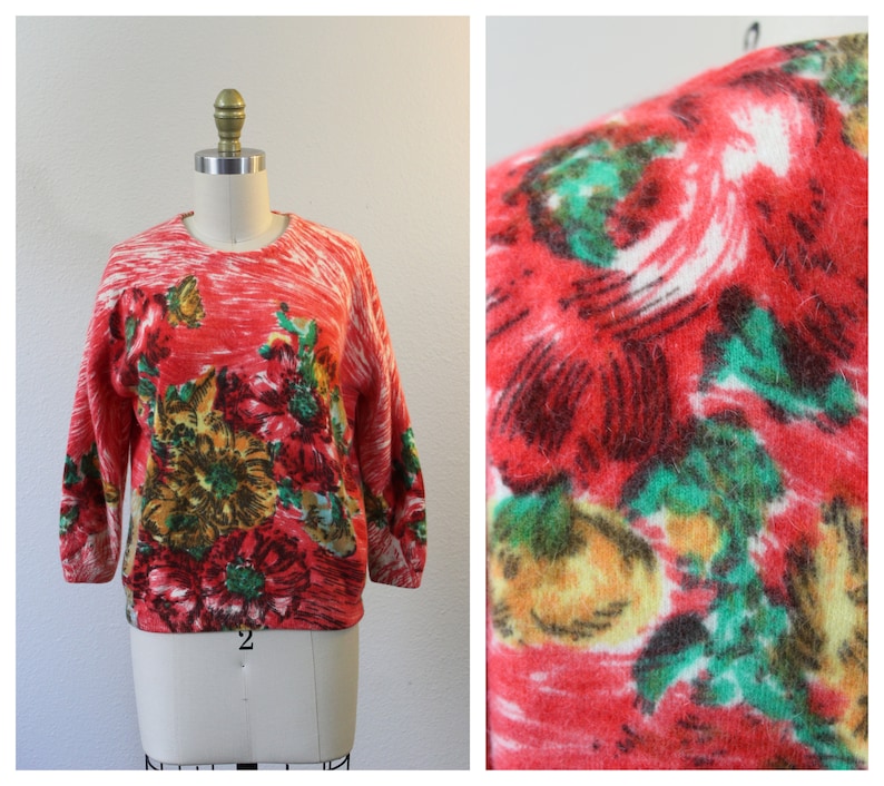 Vintage Darlene Minklam Angelon red floral Abstract Sweater cardigan angora lambswool // Modern Size US 6 8 Small Med image 1