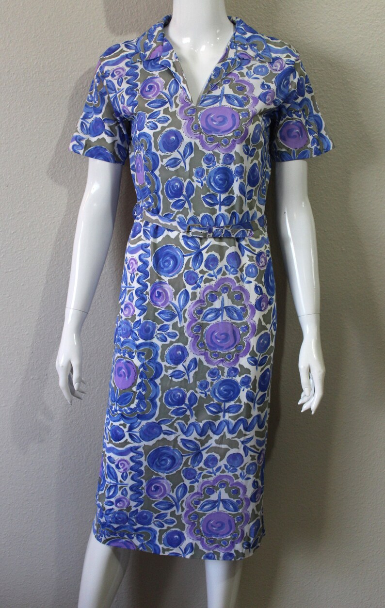 Vintage 40s 50 Abstract Floral Wiggle Dress Slinky Acetate Dress Cobalt Blue Purple Atomic // US 4 6 8 Small Medium image 3