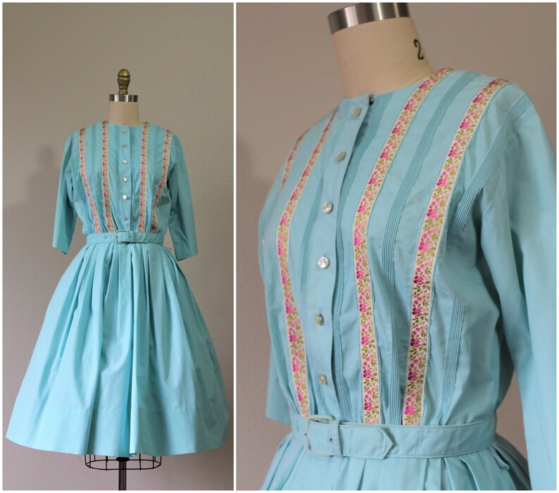 Vintage 50s Serbin of Florida Aqua pink rose Ribbon Cotton Rockabilly PinUp Bombshell Sun Dress Modern Size s m 6-8 Pinup Girl