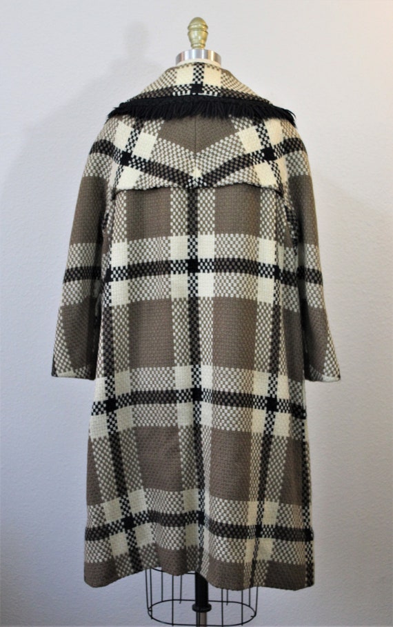 Vintage 1940s Plaid Coat Taupe Beige Black Overco… - image 9