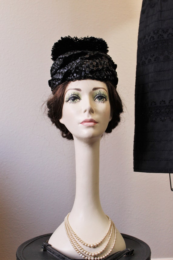 Vintage 1950s 60s Black Raffia Hat with Pom Pom M… - image 8