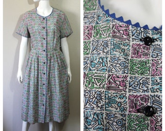 Vintage 50s Dress Cotton Day Dress Fit and Flare Novelty Print Pattern Vintage 16  // Modern US 8 10 Medium Large