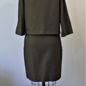 Vintage 1950s Jack Bloom Olive green mink Fur Collar Dress Suit pinup BULLOCKS of CALIFORNIA // US 0 2 4 xs s image 4