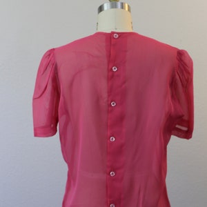 Vintage 1950s Dark Rose Pink Sheer Nylon Button Back Blouse short sleeve Shirt top pinup // Modern Size US 4 6 image 3