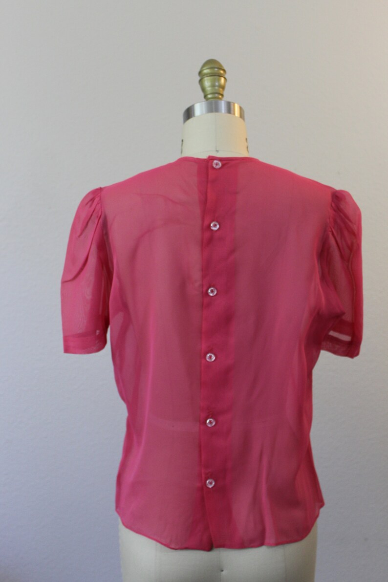 Vintage 1950s Dark Rose Pink Sheer Nylon Button Back Blouse short sleeve Shirt top pinup // Modern Size US 4 6 image 3