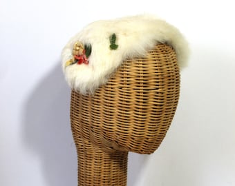 Vintage 1950s White Rabbit Fur Bunny cap Hat headband Angora Winter Holiday