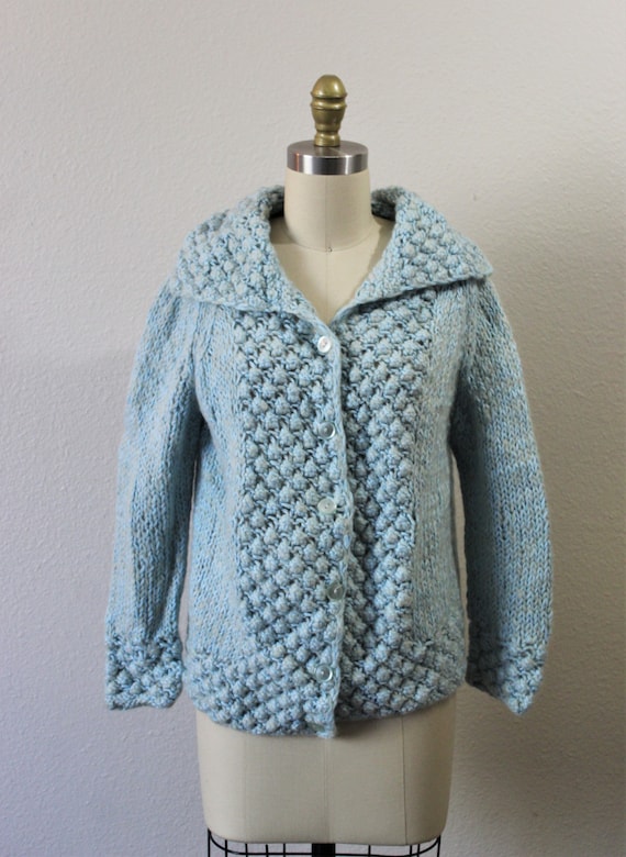 踊*り様 60s vintage brent ウール　カーディガン　ミント Vintage 1950s 60s Carol Brent Blue Cream Cable Knit Marbled