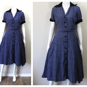 Vintage 40s 1950s Dress / 50s Blue Textured Tiered Day Dress Black Rayon Velvet Trim Button Down // Modern US 6 8 10 Medium Large image 1