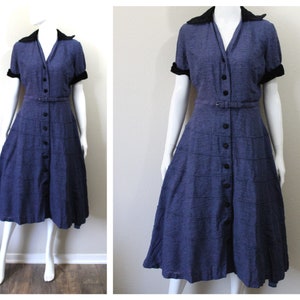 Vintage 40s 1950s Dress / 50s Blue Textured Tiered Day Dress Black Rayon Velvet Trim Button Down // Modern US 6 8 10 Medium Large