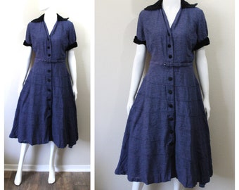 Vintage 40s 1950s Dress / 50s Blue Textured Tiered Day Dress Black Rayon Velvet Trim Button Down // Modern US 6 8 10 Medium Large