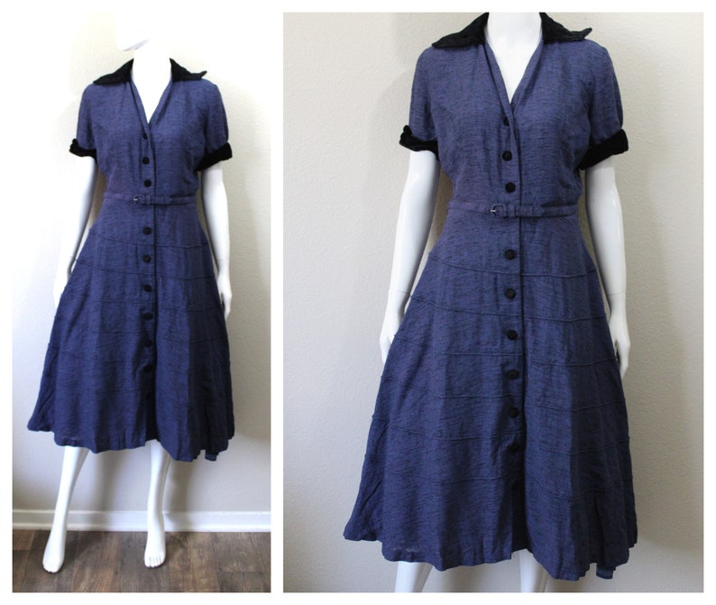 Vintage 40s 1950s Dress / 50s Blue Textured Tiered Day Dress Black Rayon Velvet Trim Button Down // Modern US 6 8 10 Medium Large image 1