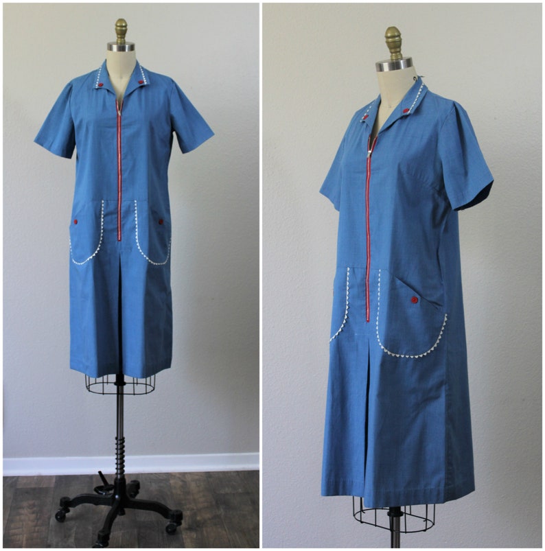 1950s NANCY FROCK House Dress Red White Blue Ric Rack Pocketed Vintage Day Dress // Modern Medium 6 8 // mid century housewife MCM image 2