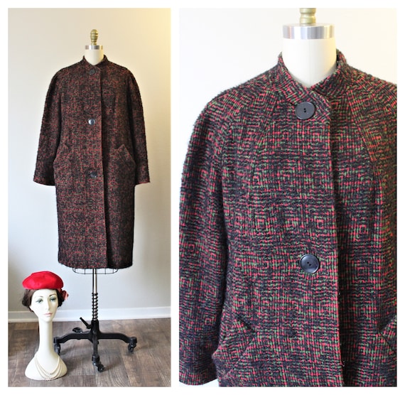 1950s BETTY ROSE Coat Black Red Mohair Woven flec… - image 1