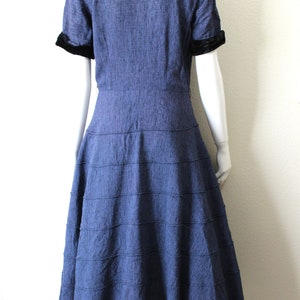 Vintage 40s 1950s Dress / 50s Blue Textured Tiered Day Dress Black Rayon Velvet Trim Button Down // Modern US 6 8 10 Medium Large image 6