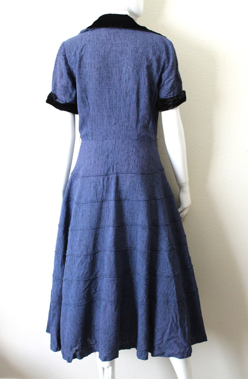 Vintage 40s 1950s Dress / 50s Blue Textured Tiered Day Dress Black Rayon Velvet Trim Button Down // Modern US 6 8 10 Medium Large image 6