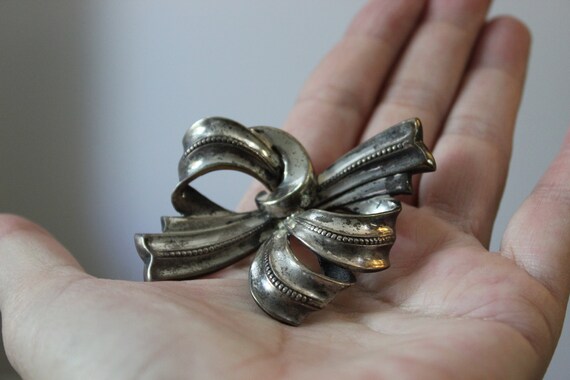 Vintage 1930s 40s Art Deco Bow Brooch Pin Marked … - image 8