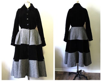 1950s CEIL SLOANE Princess Coat 40s Black Velvet Gray Nubby Wool Striped Coat Swing Cuffed Bell Sleeve  // US 0 2 4 xs s