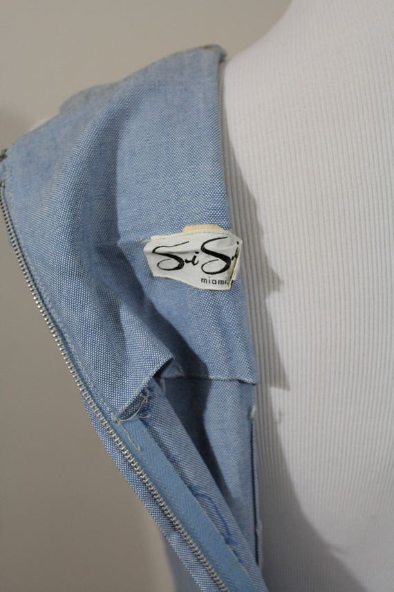 Vintage 60's Fancy Chambray Blue Cotton Day Wiggl… - image 3