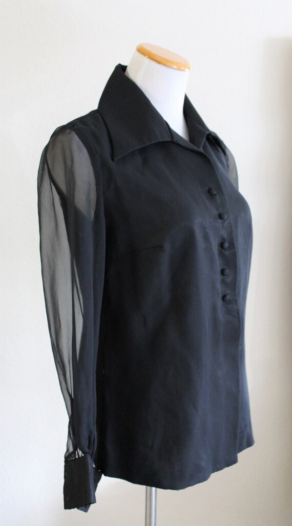 Vintage 60's Black Sheer Chiffon Wide Collar Blou… - image 3