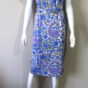 Vintage 40s 50 Abstract Floral Wiggle Dress Slinky Acetate Dress Cobalt Blue Purple Atomic // US 4 6 8 Small Medium image 2