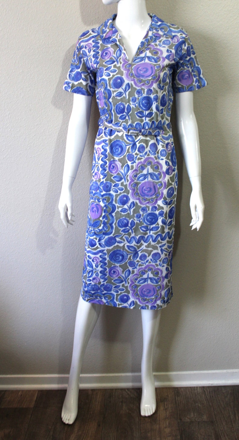 Vintage 40s 50 Abstract Floral Wiggle Dress Slinky Acetate Dress Cobalt Blue Purple Atomic // US 4 6 8 Small Medium image 2