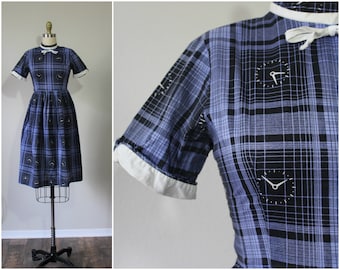 1940s Dress / Vintage 40's Novelty Print Fabric Clock Watch Print Blue Black Plaid Frock Day Dress // Extra Small Modern US 0-2