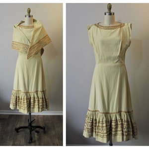 Patio Dress | Vintage 1940s 50s Beige Gold Metallic Corduroy Patio Dress with Shawl Wrap Southwest Circle Skirt // Modern US 6 8 10 Med Lg