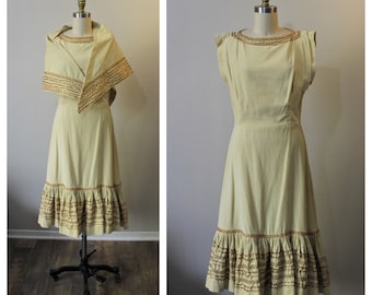 Patio Dress | Vintage 1940s 50s Beige Gold Metallic Corduroy Patio Dress with Shawl Wrap Southwest Circle Skirt // Modern US 6 8 10 Med Lg