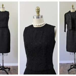 Vintage New with Tag 1950s 60s  Black tapestry Damask Wiggle Dress 3 piece Suit Crop Jacket Jr Theme NY // US 0 2 4 xs s