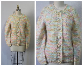 1960s ROSANNA Mohair Sweater Cardigan Pink Rainbow Sorbet Pink Candy Sweater  // Modern Size US 4 6 8 10 Small Med