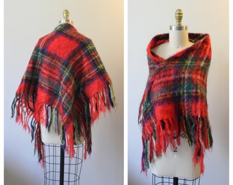 Vintage 1950's 60's Royal Scot Made in Great Britian RED Plaid Mohair wool fringe Shawl Wrap cape // One Size