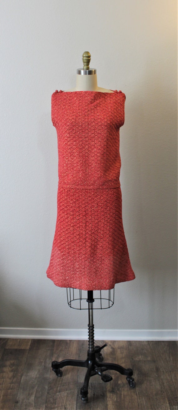 Vintage 60s Coral Red Gold Metallic Hand Knit cro… - image 2