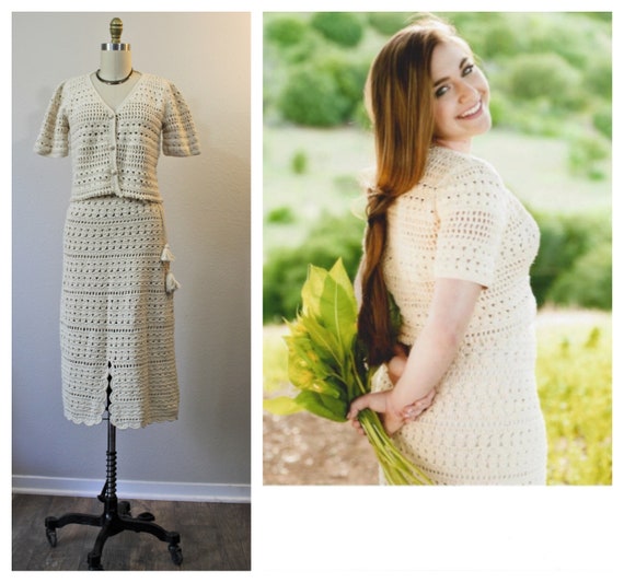 Vintage 1970s Hand Crocheted Ecru Hippie Boho Fest
