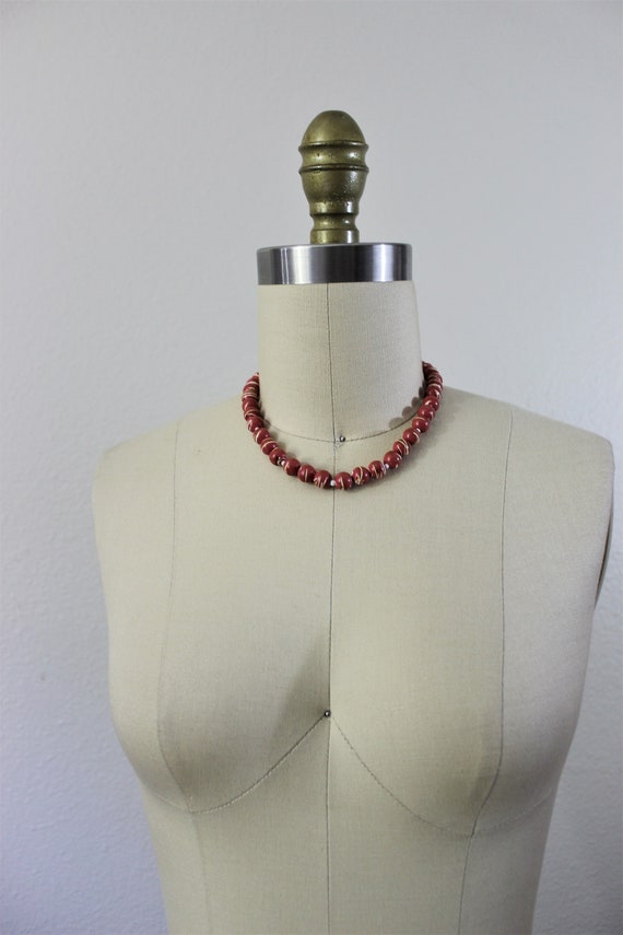 Vintage 40s coral Red white beaded celluloid gala… - image 4