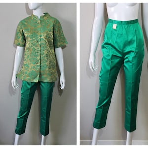 Vintage 1960s Alice of California NWT Gold Emerald Green Damask Peddle Pushers cigarette pants and Tunic Top Set  / modern US 0 2 xs xxs