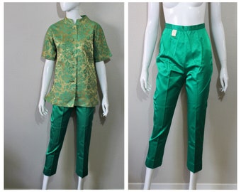 Vintage 1960s Alice of California NWT Gold Emerald Green Damask Peddle Pushers cigarette pants and Tunic Top Set  / modern US 0 2 xs xxs
