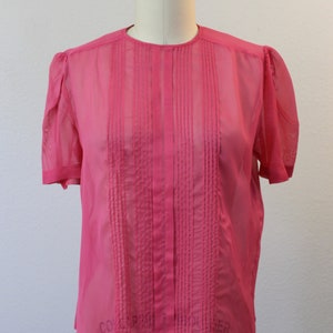 Vintage 1950s Dark Rose Pink Sheer Nylon Button Back Blouse short sleeve Shirt top pinup // Modern Size US 4 6 image 2