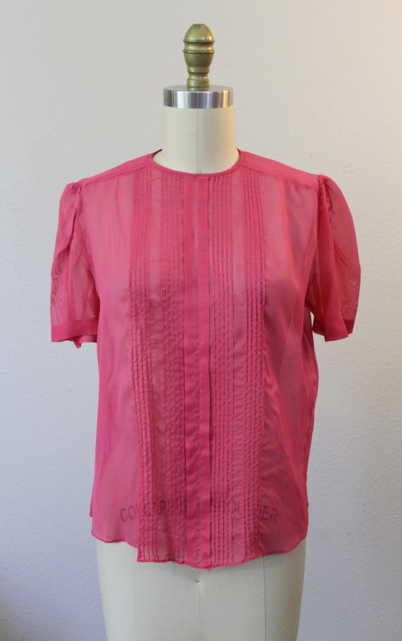 Vintage 1950s Dark Rose Pink Sheer Nylon Button Back Blouse short sleeve Shirt top pinup // Modern Size US 4 6 image 2